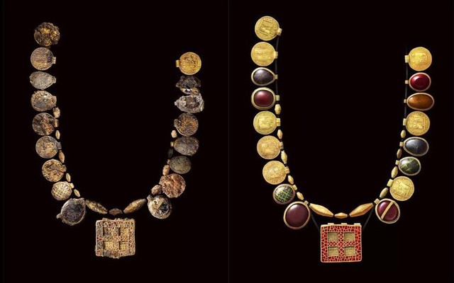 Phát hiện vòng cổ chữ thập bằng vàng và ngọc hồng lựu tinh xảo thời trung cổ