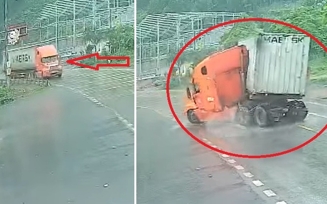"Đứng tim" xem clip xe container gập đôi sau pha phanh gấp ở Quảng Ninh