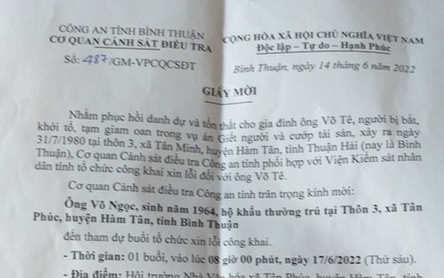 Bình Thuận xin lỗi gia đình người bị khởi tố, bắt giam oan cách đây hơn 40 năm