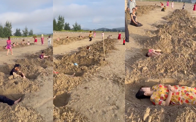 Xôn xao clip nhóm du khách đào hàng chục hố cát ở biển Cửa Lò rồi nằm để tắm