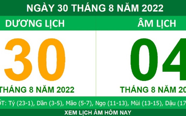 Xem lịch âm hôm nay thứ Ba ngày 30/8