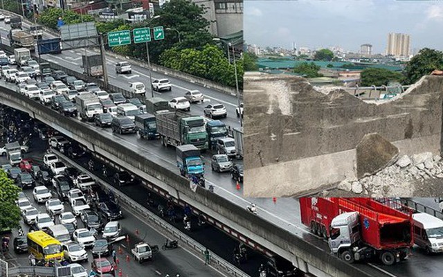 Xe đầu kéo mất lái, đâm vỡ lan can đường Vành đai 3 trên cao