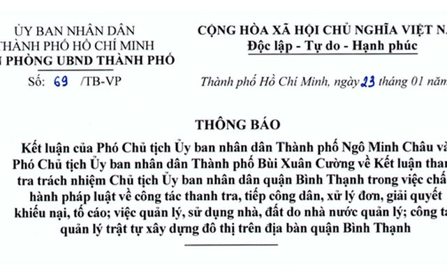 Kiểm điểm Chủ tịch UBND quận Bình Thạnh, thanh tra 4 địa chỉ nhà, đất