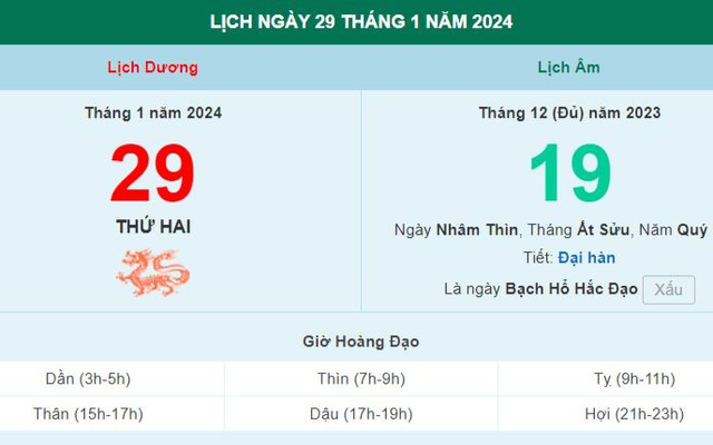 Lịch âm hôm nay - Xem lịch âm ngày 29/1