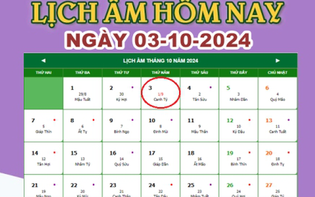 Lịch âm 3/10 - Âm lịch hôm nay 3/10 chính xác nhất - lịch vạn niên 3/10/2024