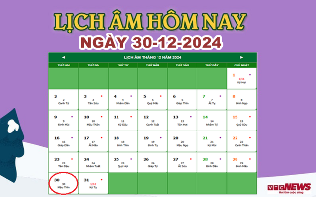 Lịch âm 30/12 - Âm lịch hôm nay 30/12 chính xác nhất - lịch vạn niên 30/12/2024