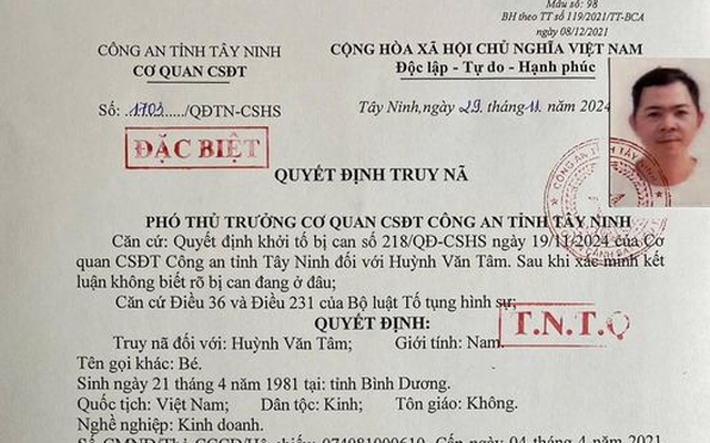 Truy nã đặc biệt Huỳnh Văn Tâm