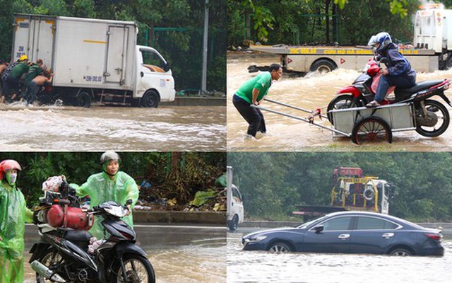 Đường gom đại lộ Thăng Long ngập đến bụng, nhiều dịch vụ 'cứu ngập' hoạt động hết công suất