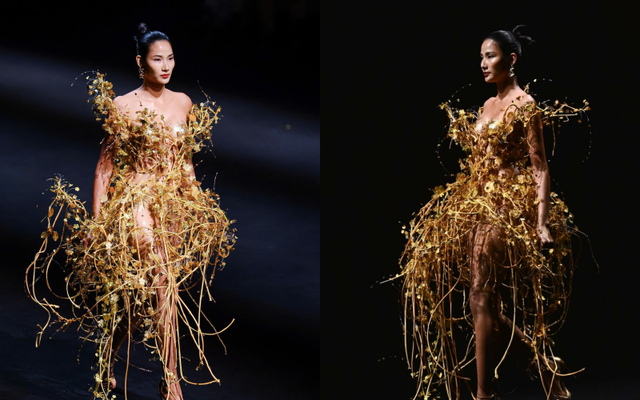 Hoàng Thùy được dát vàng lên người khi trình diễn trang phục của Bùi Thanh Hương ở Thượng Hải