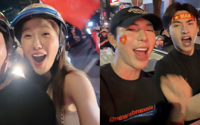 Em gái Trấn Thành cùng bạn trai là ca sĩ nổi tiếng xuống đường đi bão mừng tuyển Việt Nam vô địch Đông Nam Á