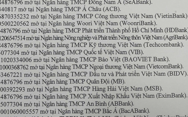 Người từng giao dịch với 27 tài khoản ngân hàng mở tại Agribank, Vietcombank, VietinBank, BIDV, MB, Techcombank... sau đây khẩn trương báo công an
