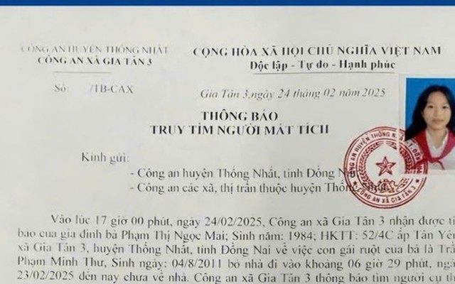 Tìm nữ sinh 14 tuổi tại Đồng Nai mất liên lạc với gia đình