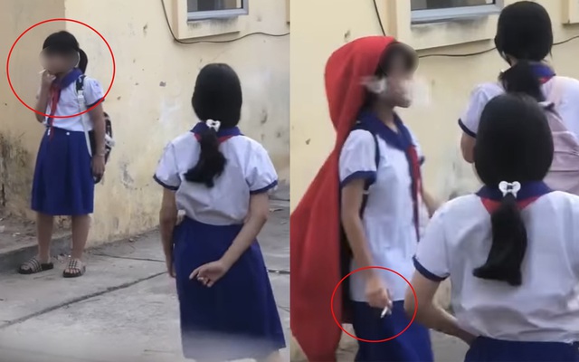 Xôn xao clip 5 nữ sinh tiểu học hút thuốc phì phèo trong sân trường, mời bạn nam hút cùng