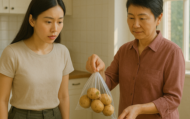 Nhìn thấy túi khoai tây con dâu mang về biếu, mẹ chồng vứt luôn vào thùng rác và dạy cho bài học "sáng mắt"