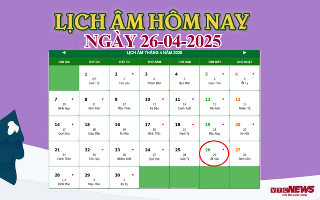 Lịch âm 26/4 - Âm lịch hôm nay 26/4 chính xác nhất - lịch vạn niên 26/4/2025