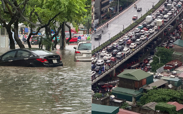 Toàn cảnh một buổi sáng "không tưởng" ở Hà Nội: Nước ngập đến thắt lưng, người dân vật lộn di chuyển giữa phố phường