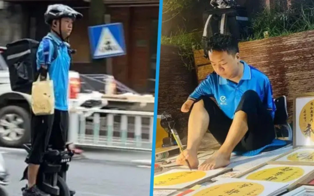 Người đàn ông 30 tuổi mất cả hai tay vẫn giao đồ ăn, viết thư pháp bằng chân nuôi sống gia đình