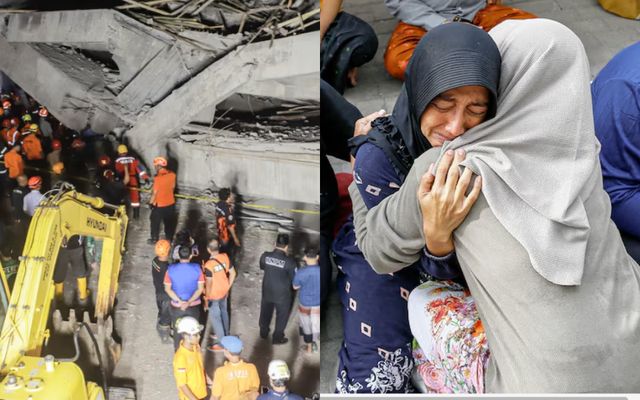Sập trường học ở Indonesia khiến gần 100 người thương vong, 38 người đang bị vùi lấp, người thân khóc nghẹn tại hiện trường