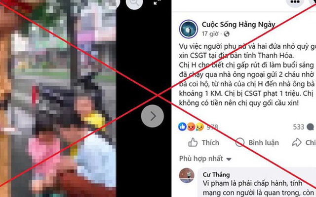 Hình ảnh người mẹ và 2 con nhỏ quỳ gối cầu xin CSGT Thanh Hóa là bịa đặt, vu khống