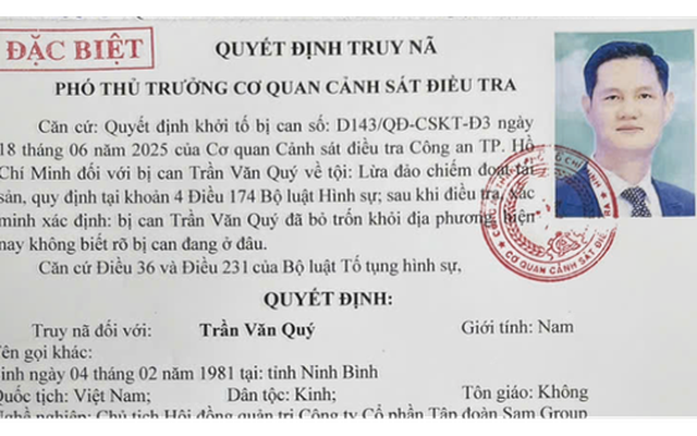 Truy nã đặc biệt Trần Văn Quý Chủ tịch HĐQT Sam Group