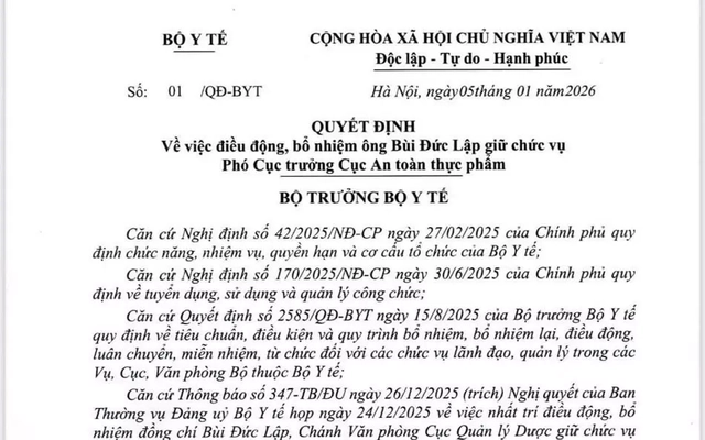 Bổ nhiệm Phó Cục trưởng Cục An toàn thực phẩm