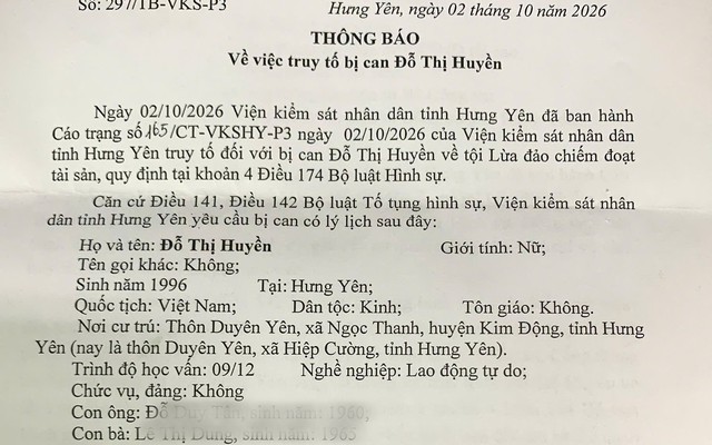 Truy tố, yêu cầu Đỗ Thị Huyền SN 1996 đến công an đầu thú