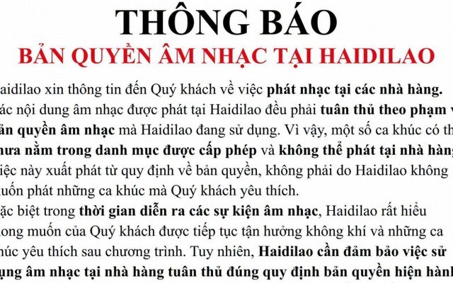 Haidilao bất ngờ thông báo lý do không phát nhạc theo khách hàng mong muốn