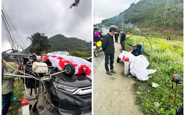 Dù lượn gặp sự cố tại Quản Bạ, rơi trúng ô tô làm vỡ kính chắn gió