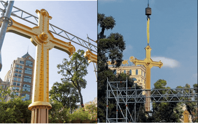 Khoảnh khắc 2 thánh giá mạ vàng nặng 400kg trở lại đỉnh nhà thờ Đức Bà Sài Gòn, người dân chăm chú theo dõi