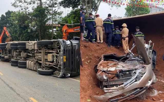 Hiện trường vụ xe đầu kéo đang đi thì đổ ra đường, đè 2 phụ nữ tử vong ở Phú Thọ