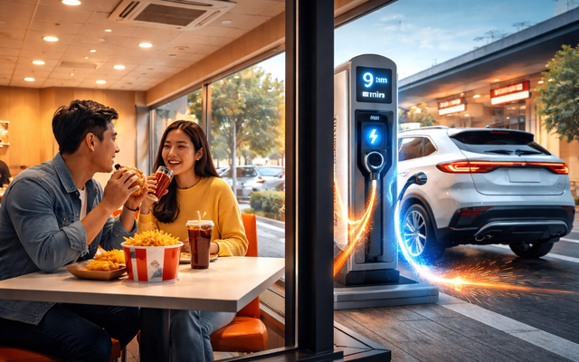 Xăng ngày càng đắt, một doanh nghiệp giúp khách vừa ăn uống, vừa sạc xe điện chỉ mất chưa đến 10 phút