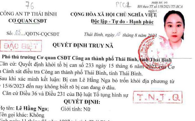 Quyết định truy nã Lê Hằng Nga SN 1997