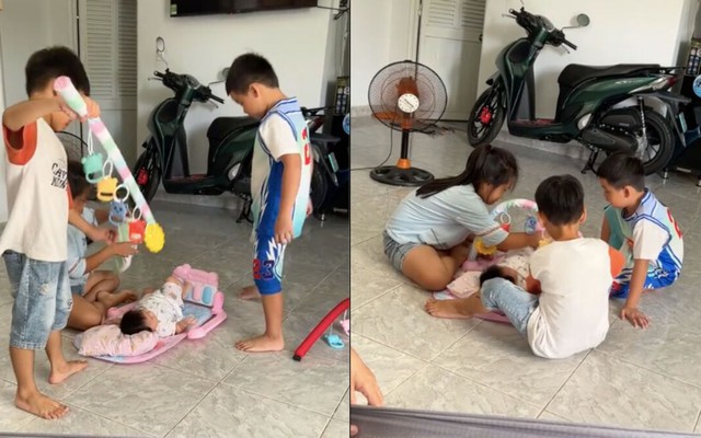 3 đứa trẻ cùng chăm em bé, dân mạng gọi là 'khối nghỉ hè ưu tú nhất năm'