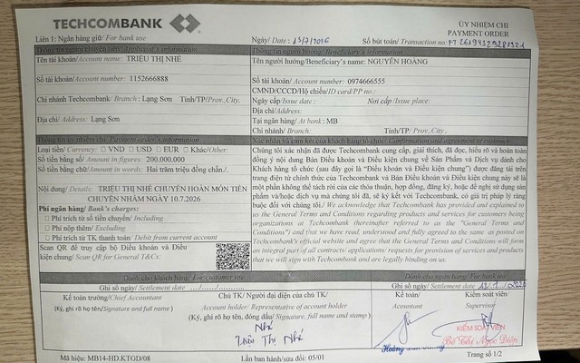 Phát hiện giao dịch chuyển khoản 200 triệu đồng từ MB Bank sang tài khoản Techcombank của Triệu Thị Nhé SN 1996, công an lập tức vào cuộc điều tra