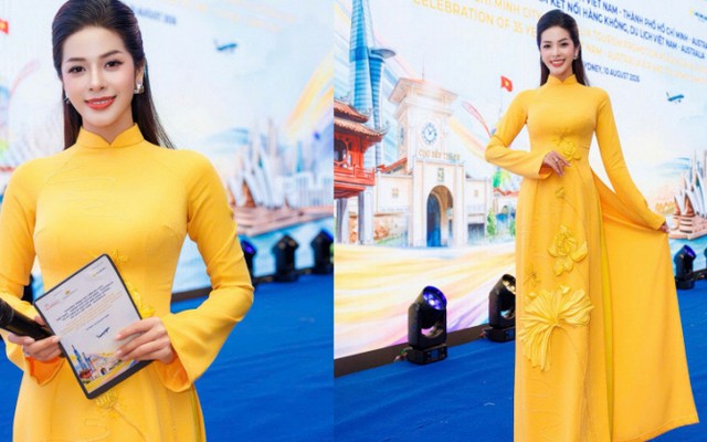 MC Thu Nga dẫn chương trình tại Sydney, diện áo dài hoa sen gây chú ý