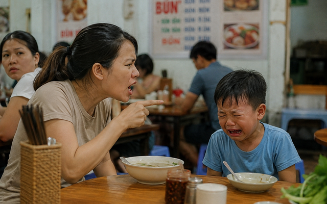 Mẹ liên tục quát con trong quán phở, tôi lên tiếng, chị quay sang nói một câu khiến cả quán im bặt