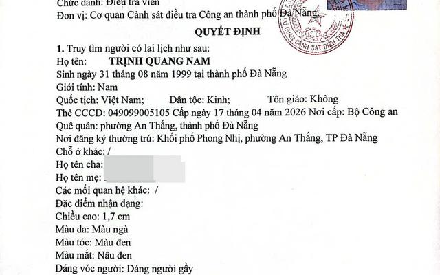 Công an truy tìm người có tên Trịnh Quang Nam SN 1999