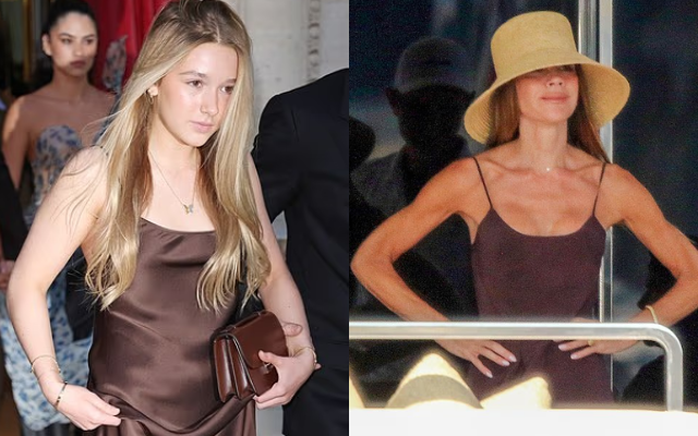 Cùng diện một chiếc váy, tiểu thư Harper Beckham phổng phao, xinh đẹp, Victoria lại gây chú ý vì vóc dáng gầy gò