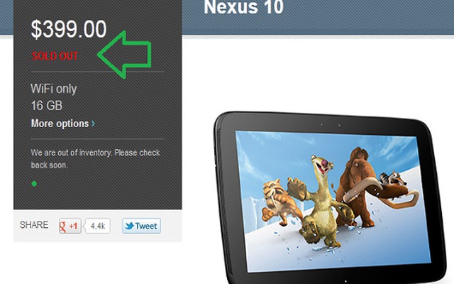 Google Nexus 10 “cháy hàng” trên Google Play Store