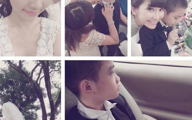 Kim Hiền khoe ảnh hậu trường mặc váy cưới bên con trai