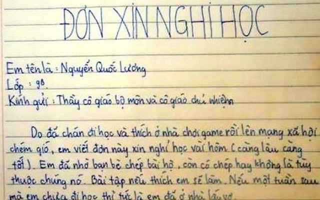 Nam sinh viết đơn xin nghỉ học để... ở nhà chơi game, lấy vợ