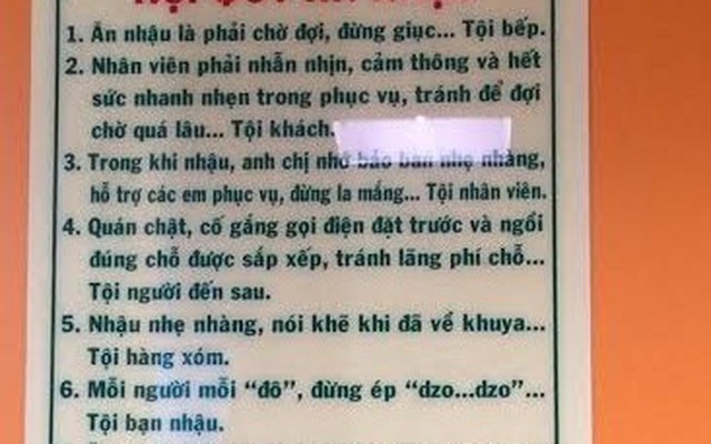 Choáng với bảng nội quy "ăn nhậu" chỉ có ở nhà hàng Việt Nam