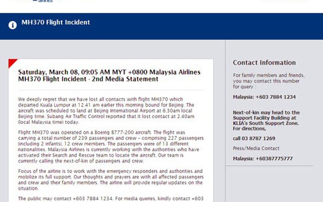 Máy bay Malaysia mất tích hết nhiên liệu lúc 9h30