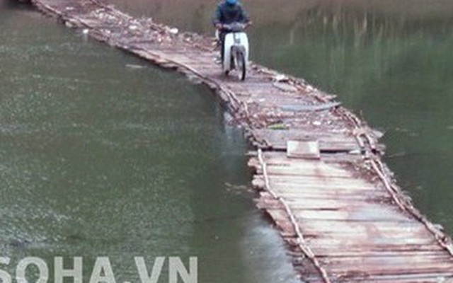 Cả làng nín thở qua cây cầu gỗ mục nát lềnh bềnh trên sông