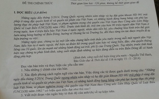 "Nóng" vấn đề chủ quyền biển đảo trong đề thi tốt nghiệp môn Văn