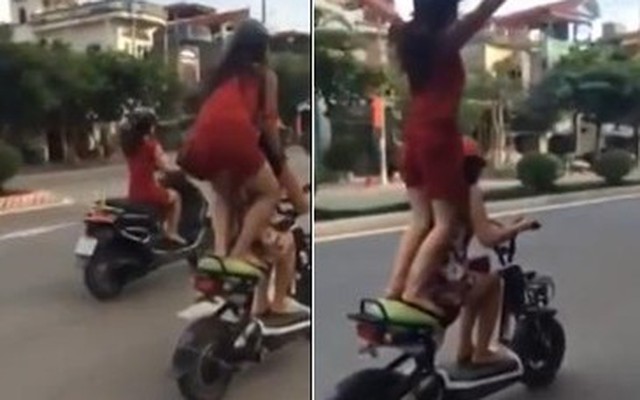 Màn biểu diễn xiếc khó tin trên xe đạp điện của 2 cô gái trẻ