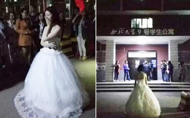 Cô gái mặc váy cưới cầu hôn người yêu trước ký túc xá SV giữa đêm