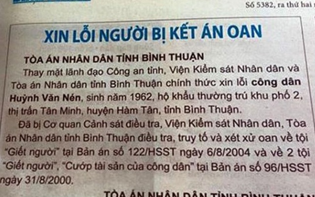 Đăng báo ‘xin lỗi’ ông Huỳnh Văn Nén