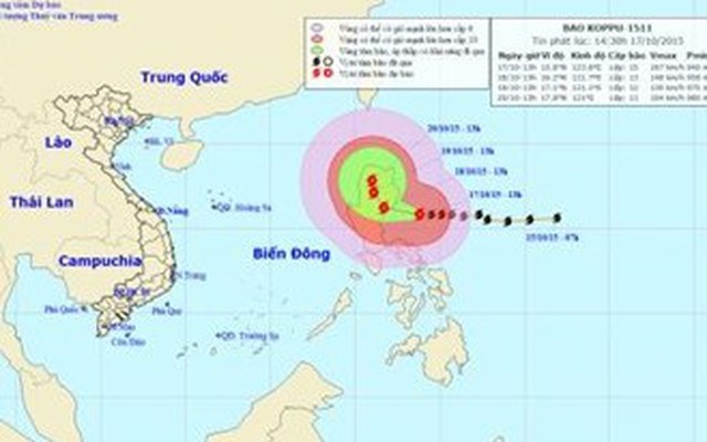 Bão Koppu giật trên cấp 17 khiến Biển Đông động rất mạnh