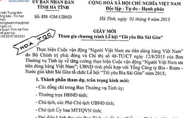 Công văn hỏa tốc yêu cầu lãnh đạo dự hội... bia